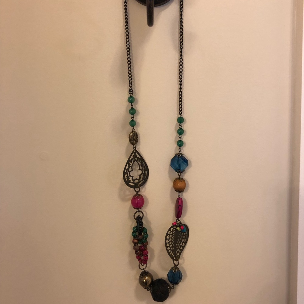 Long Beaded and Metal leaf styled necklace